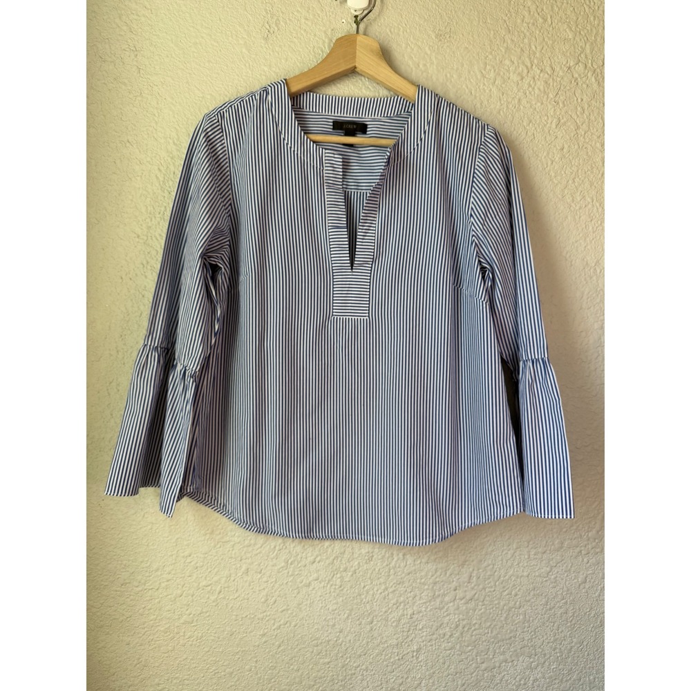 J.Crew Womens Blue White Striped Bell Sleeve Split Neck Cotton Blouse Size 6‎